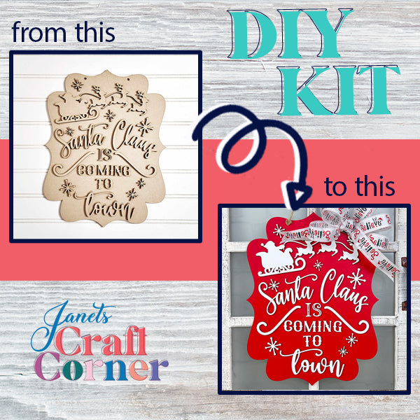 Embrace the festive season with Janet's Craft Corner's "Santa is Coming to Town Door Hanger" DIY kit! Turn an unfinished wooden plaque into a vibrant door decoration. Follow the arrows and text to bring your creation to life with red paint, white lettering, and holiday embellishments.