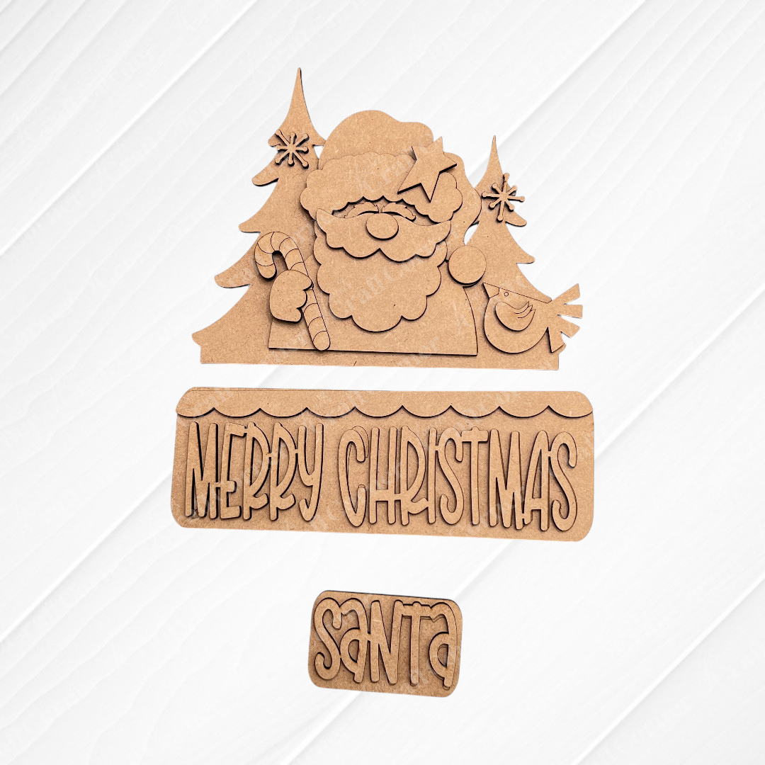 The Santa Merry Christmas Interchangeable Insert by Janet's Craft Corner is a DIY seasonal home decor craft kit with 3 laser-cut wooden pieces, featuring Santa, trees, and festive text—perfect for your Christmas home décor.