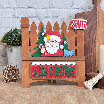Celebrate the holidays with Janet's Craft Corner Santa Merry Christmas Interchangeable Insert—a DIY seasonal home décor kit featuring Santa, trees, and a bluebird. Includes 3 wooden pieces to create festive charm for your home.