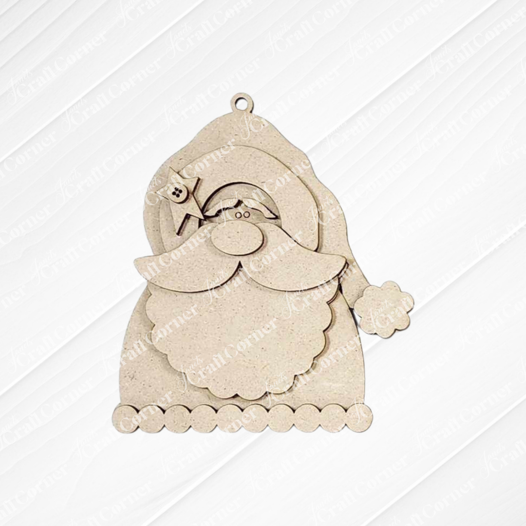 Janet's Craft Corner Santa Ornaments - DIY holiday craft kit (Set of 1): An unfinished wooden ornament with hat, beard, mustache, and pompom—perfect for festive decorating or holiday crafts—shown on a textured white background.