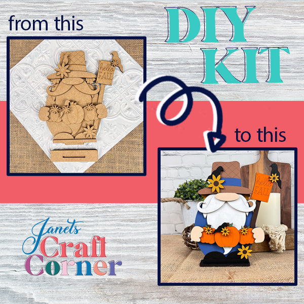 Unleash your creativity with Janet's Craft Corner's Scarecrow Gnome DIY Kit! Transform simple wooden pieces into an adorable Scarecrow Gnome proudly displaying a "Hello Fall" sign. Ideal for enhancing your home décor, this kit makes it a breeze to go from plain materials to a delightful decorative piece. Start crafting today!