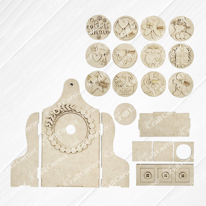 Janet's Craft Corner Shaker Tea Light Box Interchangeable Set is a DIY seasonal home decor kit featuring a large tag-shaped base, wreath center, festive animal discs, and assorted shapes—perfect for creating farmhouse-style shelf sitters.