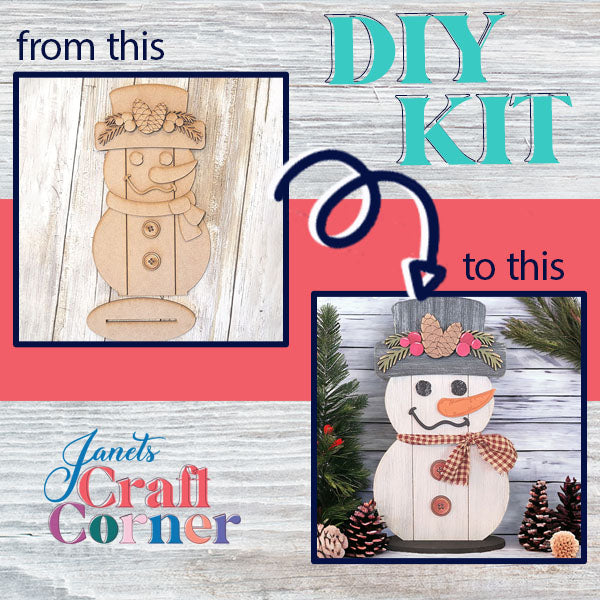 A two-part image displays a wooden Shiplap Snowman Shelf Sitter on the left labeled "from this," and a festively decorated snowman with pinecones and a carrot nose on the right labeled "to this." Text reads, "DIY Kit, Janet's Craft Corner – perfect for your home décor!