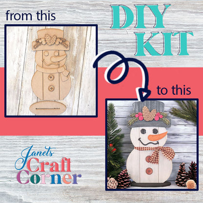 A two-part image displays a wooden Shiplap Snowman Shelf Sitter on the left labeled "from this," and a festively decorated snowman with pinecones and a carrot nose on the right labeled "to this." Text reads, "DIY Kit, Janet's Craft Corner – perfect for your home décor!