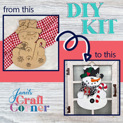 Transform an unpainted wooden snowman figure, complete with buttons and a scarf, into a charming Snowman Door Hanger with a painted hat and candy cane. The text "DIY KIT" and "from this to this" guide you through the process, with arrows showing the way. The logo at the bottom reads "Janet's Craft Corner," making it an ideal choice for home décor!