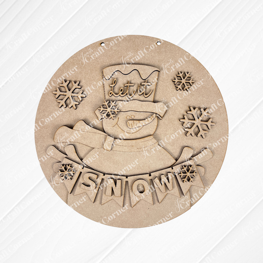 Create charming holiday decor with Janet's Craft Corner's DIY kit: the Snowman Let It Snow Door Hanger, featuring a smiling snowman in a top hat that reads "Let it" and banner saying "SNOW" on burlap, perfect for any seasonal project.