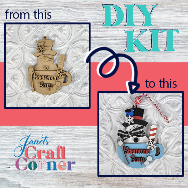 Unleash your creativity with the Snowman Soup Ornament DIY Decoration Kit from Janet's Craft Corner. Turn simple wood into a delightful holiday décor piece, featuring a candy cane and set against a festive winter backdrop.