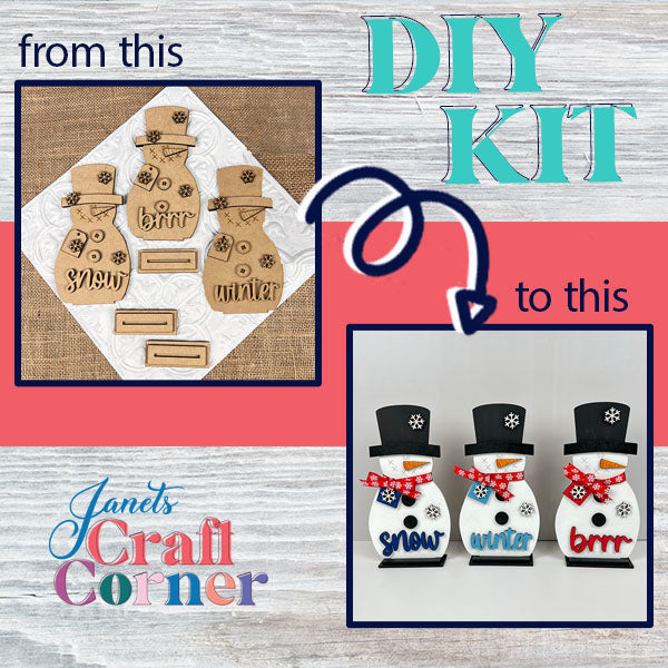 Janet's Craft Corner presents the Snowman Shelf Sitter, an ideal DIY kit for home décor fans. Transform plain wooden snowman cutouts into delightful characters featuring hats, scarves, and buttons. The design showcases a journey "from this" on the left to "to this" on the right.