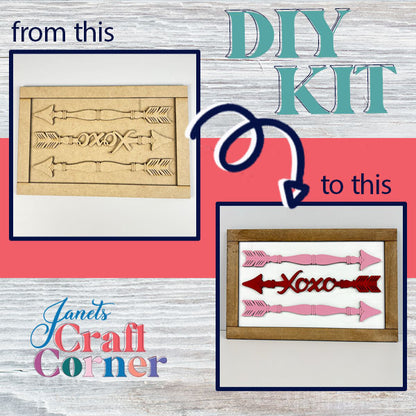 An advertisement for a DIY kit featuring two images: The first shows the Spindle Arrows Shelf Leaner with cutout designs of arrows and "xoxo." The second image reveals the finished product, beautifully painted in red and white. Accompanying text reads, "from this to this" and highlights "Janet's Craft Corner—perfect for your home décor!