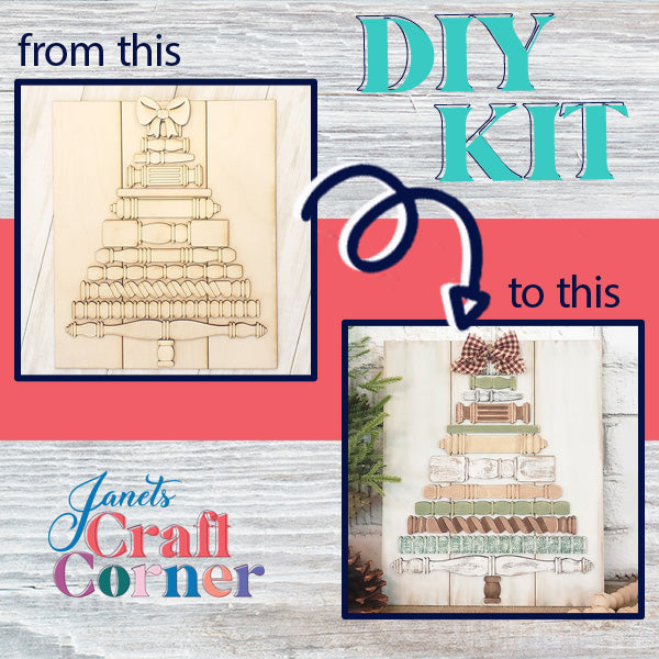 A crafting kit features a wooden outline of the Spindle Christmas Tree on the left, while on the right, a painted and ribbon-adorned version is showcased. The text reads "from this to holiday décor" and "DIY Kit." At the bottom is the logo for "Janet's Craft Corner.