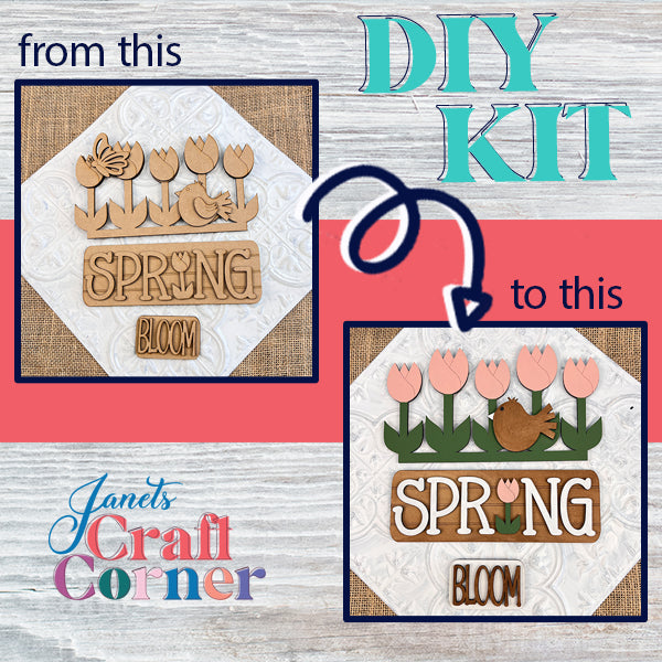 Explore the Spring Tulips Interchangeable Insert DIY Kit by Janet's Craft Corner, featuring wooden pieces with "SPRING" and "BLOOM" tulip designs. Includes an arrow guide for painting transformation and textured background patterns.