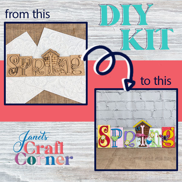 Transform your space with the "Spring Word Block" DIY kit from Janet's Craft Corner, featuring an enchanting makeover of wooden "SPRING" letters adorned with a delightful house and flower motif. Ideal for home decor, these letters evolve from unpainted to vivid hues. The text reads "from this to this" with an arrow in the background.