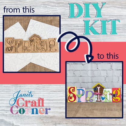 Transform your space with the "Spring Word Block" DIY kit from Janet's Craft Corner, featuring an enchanting makeover of wooden "SPRING" letters adorned with a delightful house and flower motif. Ideal for home decor, these letters evolve from unpainted to vivid hues. The text reads "from this to this" with an arrow in the background.