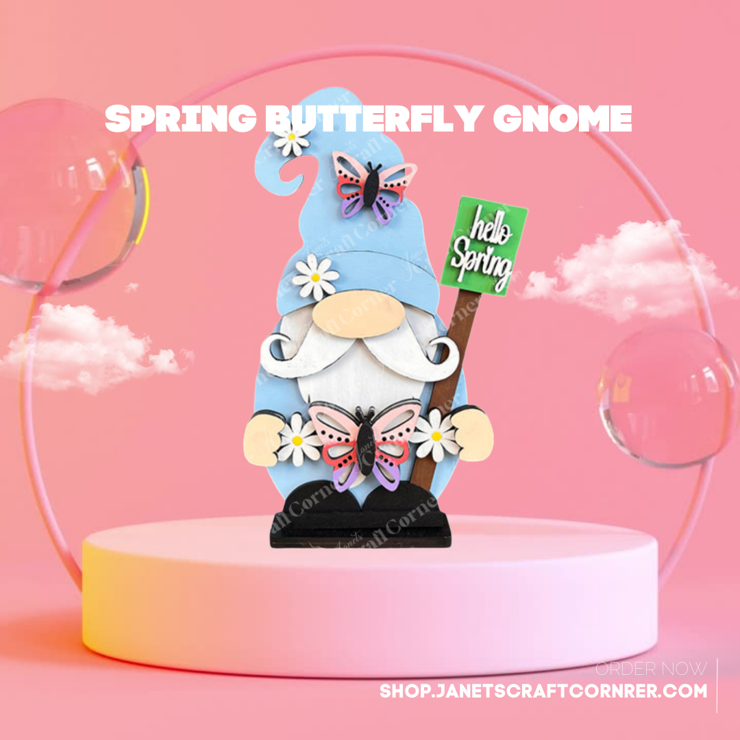 Spring-themed gnome with butterflies and flowers on a pink background