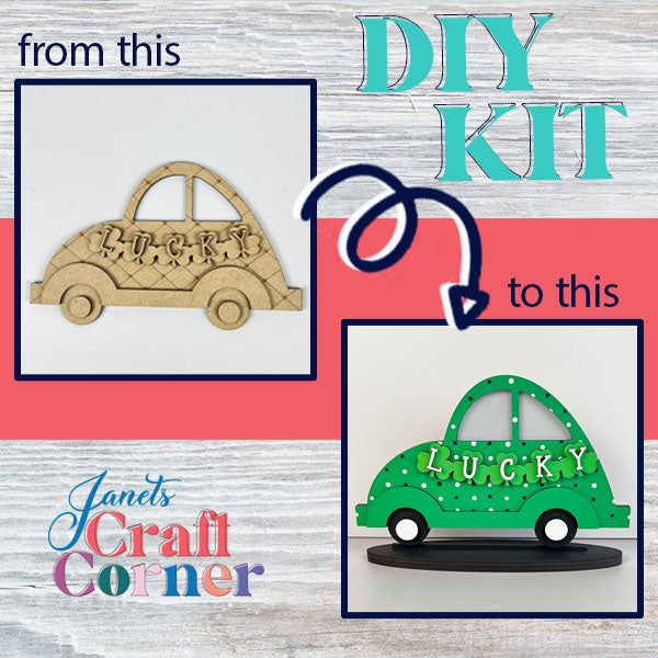 A DIY Kit from Janet's Craft Corner allows you to transform a wooden car cutout labeled "Lucky" into a charming green Volkswagen Shelf Sitter adorned with white polka dots. The text reads "Lucky St. Patrick's Volkswagen Shelf Sitter" and includes an arrow illustrating the transformation from the unfinished to the completed product.