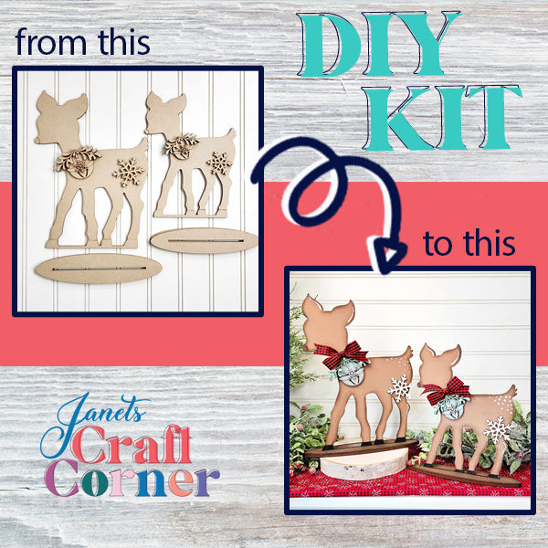 The Standing Deer Shelf Sitter DIY Home Decor Kit by Janet's Craft Corner transforms plain wooden reindeer figures into stunning standing deer adorned with red bows and snowflake embellishments. The festive background enhances their charm.