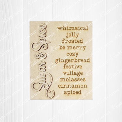 Wooden sign with sugar & spice themed words on a white background