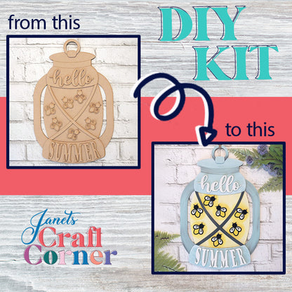 An advertisement for the Summer Lantern Door Hanger from Janet's Craft Corner features a wooden cutout of a lantern displaying "hello summer" and charming bees, ideal for creating your own DIY door hanger. Beside it, you'll see the painted version exuding farmhouse charm. The text reads "from this to this," accompanied by the Janet's Craft Corner logo.