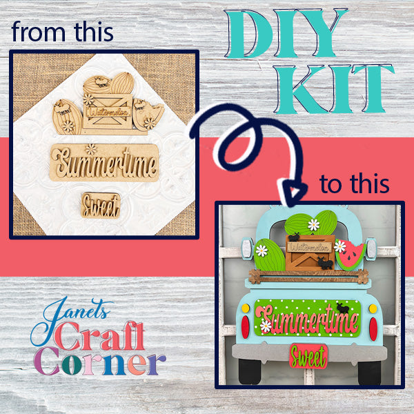 An image of Janet's Craft Corner showcases a charming transformation from wooden cutouts labeled "Summertime Watermelon Interchangeable Insert" to a vibrant, hand-painted Watermelon Interchangeable Insert on a light blue truck decor. The text "from this to this" is accompanied by an arrow pointing to the final product—ideal for Farmhouse Decor as part of your DIY home decor kit.