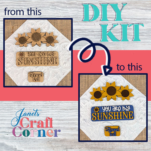 An advertisement for the Sunflower Interchangeable Insert DIY home decor kit from Janet's Craft Corner highlights a remarkable transformation. The initial image displays unfinished wood cutouts, while the following one showcases the vibrant sunflower decor featuring painted sunflowers and inspiring phrases "You Are My Sunshine" and "Stand Tall," ideal for fans of interchangeable home decorations.