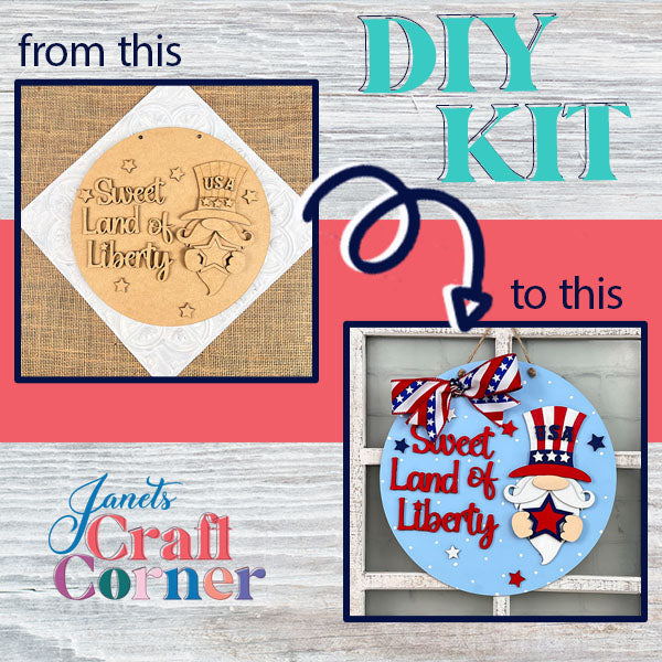 A DIY kit from Janet's Craft Corner transforms the "Sweet Land of Liberty Door Hanger" into a vibrant piece of Americana decor, adorned with stars, stripes, and patriotic elements.