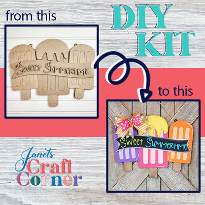 Create a vibrant "Sweet Summertime" door hanger with Janet's Craft Corner's DIY kit. This home décor project transforms plain wooden ice pop shapes into a festive display with colorful ribbons, perfectly embodying the essence of summer fun.