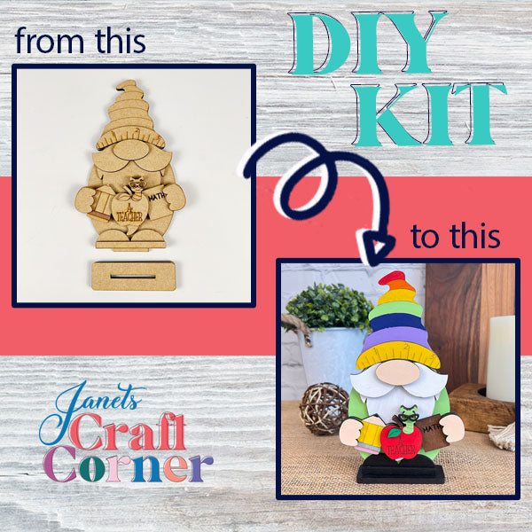 The Teacher Gnome Shelf Sitter transformation image: On the left, an unpainted gnome cutout with the label "from this." On the right, a painted and festive teacher gnome holding a heart is labeled "to this." The background showcases Janet's Craft Corner with touches of farmhouse decor in decorative text.