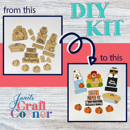 Janet's Craft Corner presents the Give Thanks/Thanksgiving Tiered Tray Kit, a delightful DIY set for creating enchanting home décor with wooden Thanksgiving-themed shapes like turkeys, pilgrim hats, pumpkins, and signs—ideal for a tiered tray display. Before and after images show the transformation from unpainted pieces to colorful decorations with the text "From this to this" accompanied by an arrow.