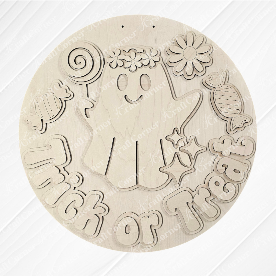 Janet's Craft Corner Groovy Ghost Trick or Treat Wall Hanger is a DIY home decor kit featuring a smiling ghost, candies, fun "Trick or Treat" text, and more—perfect unpainted Halloween craft for customizing your spooky style! Set of 1.