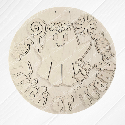 Janet's Craft Corner Groovy Ghost Trick or Treat Wall Hanger is a DIY home decor kit featuring a smiling ghost, candies, fun "Trick or Treat" text, and more—perfect unpainted Halloween craft for customizing your spooky style! Set of 1.