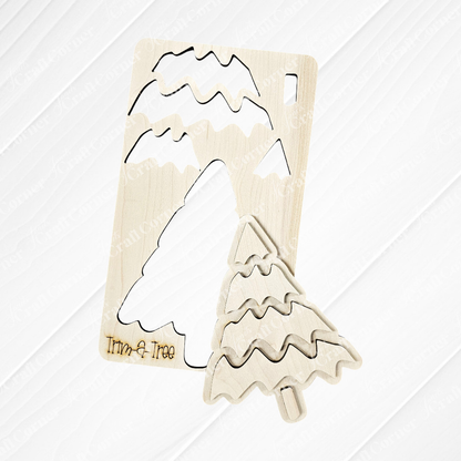 Experience the finest in holiday decor with Janet's Craft Corner's "Trim a Tree Kids Pop-Out Kit." This DIY craft kit features a wooden Christmas tree puzzle with a distinctive cut-out piece in front. The stylized tree showcases wavy branch patterns and an engraved "Trim-a-Tree" on its base. Set against a white brick wall, it serves as a charming accent for any festive setting.