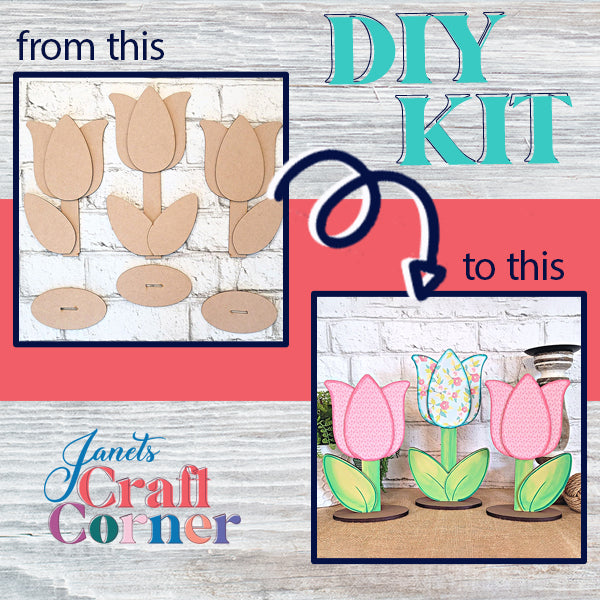 A DIY Kit from Janet's Craft Corner turns plain cardboard tulip shapes into colorful Tulip Trio Shelf Sitters. Featuring a light wood texture background, the text "Janet's Craft Corner" and "from this to this," accompanied by an arrow, leads you to the beautiful home décor piece.