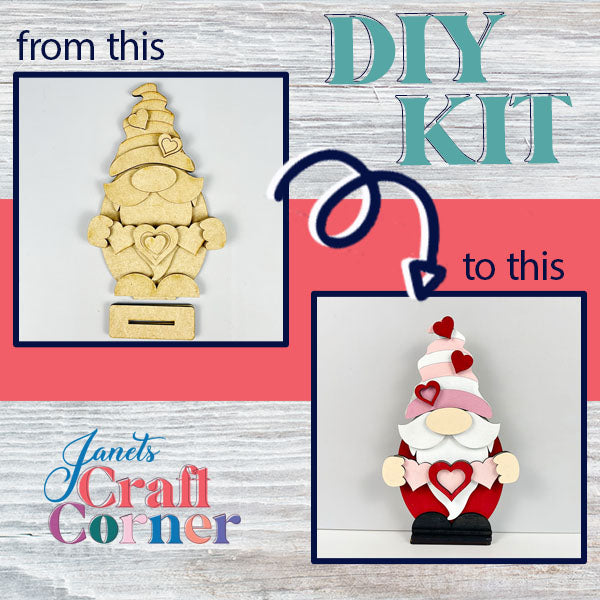 An image showcases Janet's Craft Corner's Valentine Gnome Shelf Sitter DIY Kit, displaying an unpainted wooden gnome with heart details on the left, and a colorful finished version with a red hat on the right. The caption reads "from this" to "this," connected by an arrow. The light wood texture emphasizes the delightful home décor project.