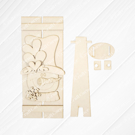 Janet's Craft Corner Valentine Snowman Table Top Pallet Shelf Leaner kit includes unassembled wooden parts with heart accents—ideal for DIY seasonal décor or a cute winter craft display. Set of 1.