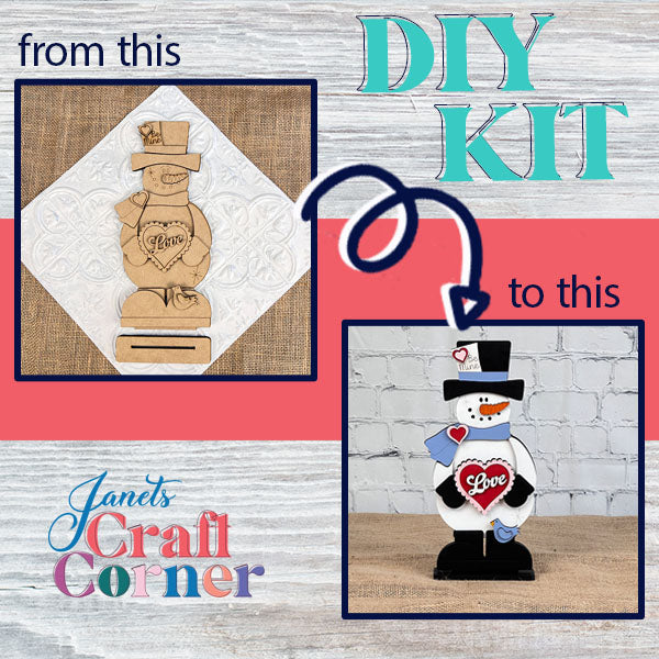 Janet's Craft Corner offers the Valentine Snowman Shelf Sitter DIY kit, allowing you to transform a woodcut snowman outline into a painted figure holding a heart with "Love" written on it. The text "from this" to "this," connected by an arrow, illustrates the transformation. It's perfect for Valentine's Day decor.