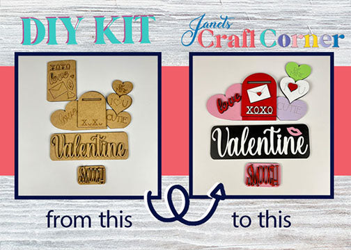 Janet's Craft Corner presents the Valentine Mailbox Interchangeable Insert DIY craft kit. The kit transforms raw wooden shapes with "XOXO" and "Valentine" into stunning red, pink, and white decor pieces. Image text: "from this to this," highlighted with an arrow.