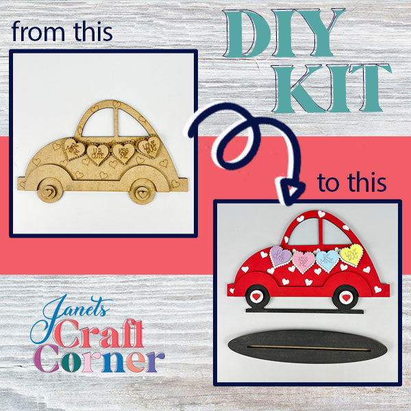 Image showcasing the DIY transformation process from a wooden car outline on the left to a finished red Valentine Volkswagen Shelf Sitter adorned with colorful hearts on the right. Arrows indicate the creative journey. Text reads: "from this" and "to this" with "DIY KIT" prominently featured at the top, courtesy of Janet's Craft Corner.