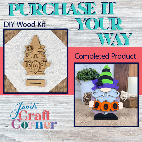 A comparison between the Vampire Gnome DIY wood kit and the final completed decoration, showcasing a gnome holding a "BOO" sign. The kit includes unpainted wood pieces, whereas the finished product is vibrantly painted as spooky decor. In the background, Janet's Craft Corner branding and purchase options are visible.