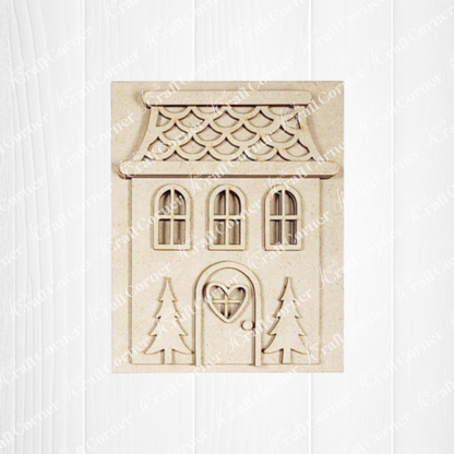 Decorative house-shaped wood cut-out DIY craft kit on a white background
