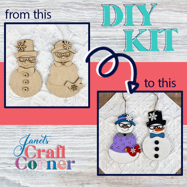 The Vintage Snow Couple Ornaments | DIY Decoration Kits from Janet's Craft Corner showcase: unfinished wooden pieces featured on the left and vibrant, hand-painted snowman ornaments on the right. The text reads, "From this to this," set against a wooden texture background.