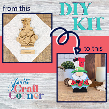 Two images highlight the Watermelon Gnome from Janet's Craft Corner. The first displays an unpainted figure on a white textured background, and the second shows its colorful makeover against a white brick wall. It's an ideal addition to infuse whimsical farmhouse decor into your home!