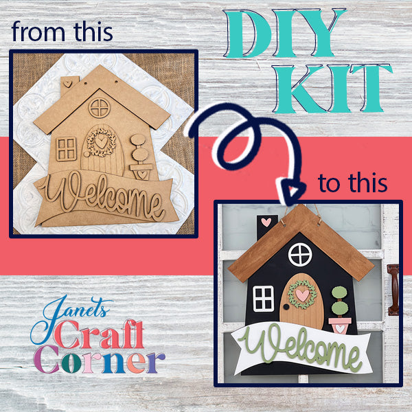 Discover the DIY Welcome Home Door Hanger from Janet's Craft Corner. On the left, see the unfinished wooden house design; on the right, admire it completed with black paint, a brown roof, a green heart-shaped window, a plant motif, and a "Welcome" sign. Text reads: “from this to this.” It's an ideal addition to your home décor essentials!