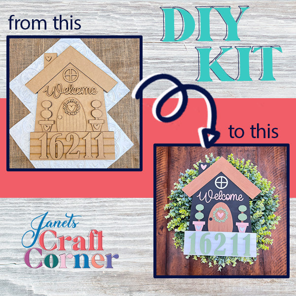 Discover a captivating transformation with the "House Number Wreath Insert" from Janet’s Craft Corner. On the left, an unfinished wooden house sign displays "Welcome 16211," while on the right, see it transformed into a vibrant piece adorned with colorful paint and greenery accents. Ideal for home décor enthusiasts. Text reads "from this to this" by Janet’s Craft Corner.