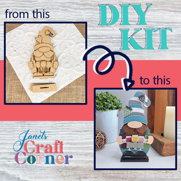 A DIY craft kit from Janet's Craft Corner showcasing a wooden Wine Lover Gnome cutout on the left and a fully painted and assembled gnome holding a coffee cup on the right. The text reads "from this to this," making it ideal for home décor enthusiasts.