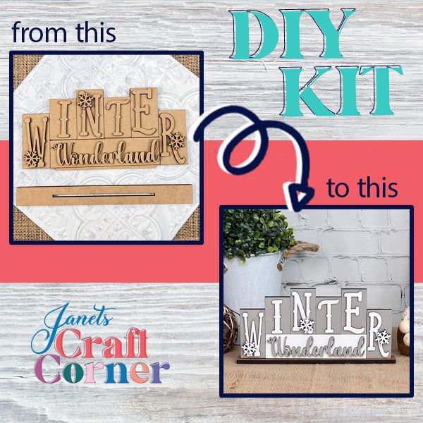 Janet's Craft Corner presents the "Winter Wonderland Mini Word Block Shelf Sitter," a Home Décor DIY Craft Kit that turns unpainted wooden letters into a beautiful display, complete with snowflake designs. Expertly painted in white and gray, it serves as an elegant centerpiece for your shelf.