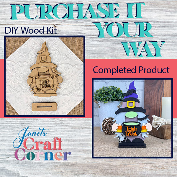 A promotional image from Janet's Craft Corner highlights their Witch Gnome DIY wood kit, featuring an unpainted figure with the words "Trick or Treat." The finished piece, fully painted, is showcased as a perfect addition to your home décor.