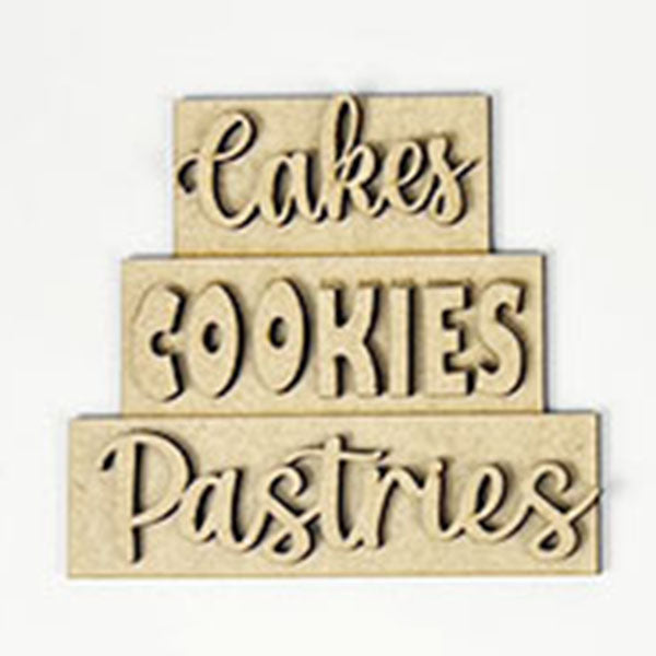 Introducing the Baking - Tiered Tray Kit by Janet's Craft Corner: This decorative wooden sign features three stacked sections elegantly scripted with "Cakes," "Cookies," and "Pastries." Designed to resemble farmhouse decor, this rustic piece perfectly complements a plain background.