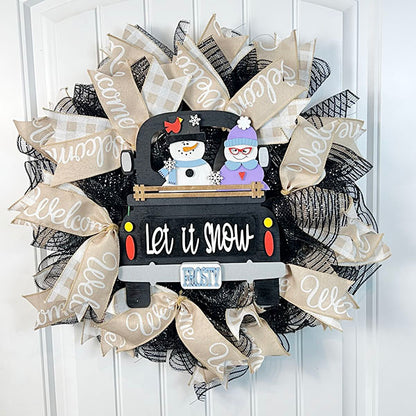 This festive wreath from Janet's Craft Corner beautifully features their Antique Truck Base with an interchangeable insert, showcasing a snowman and girl, both wearing winter hats. The charming "Let it Snow" sign, accented with black mesh and beige ribbons, warmly says "welcome." Ideal for crafters, this could be the centerpiece of a hand-painted DIY home decor kit.