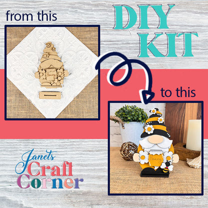 An image promoting the Bee Gnome from Janet's Craft Corner features a DIY kit that turns wooden cutouts into an adorable gnome adorned with flowers and a 'Honey' sign. The completed design is beautifully set against a rustic farmhouse backdrop with an arrow illustrating the transformation from start to finish.