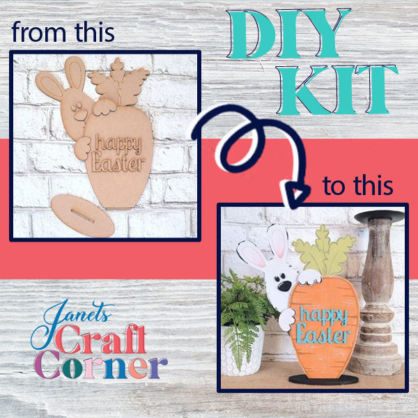 A delightful craft project from Janet's Craft Corner features the "Bunny and Carrot Happy Easter Shelf Sitter," showcasing a wooden bunny and carrot outline next to a painted version with "Happy Easter" text, all set against a textured background to celebrate Easter creativity.